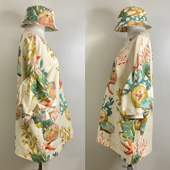EXQUISITE CORAL SEA DRESS WITH PUFF SLEEVES & MATCHING BUCKET HAT LINEN/COTTON - Picture 8 of 14